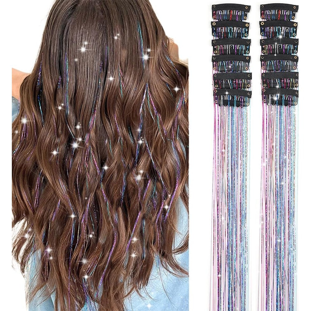 D-DIVINE Hair Tinsel Pack front view showcasing twelve colorful glitter clip-in extensions.