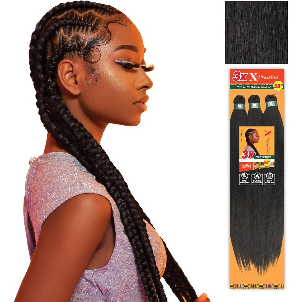 Sensationnel X-Pression 3X Pre-Stretched Braiding Hair packaging front view showcasing 1B Off Black color synthetic extensions.
