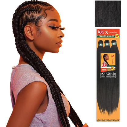 Sensationnel X-Pression 3X Pre-Stretched Braiding Hair packaging front view showcasing 1B Off Black color synthetic extensions.