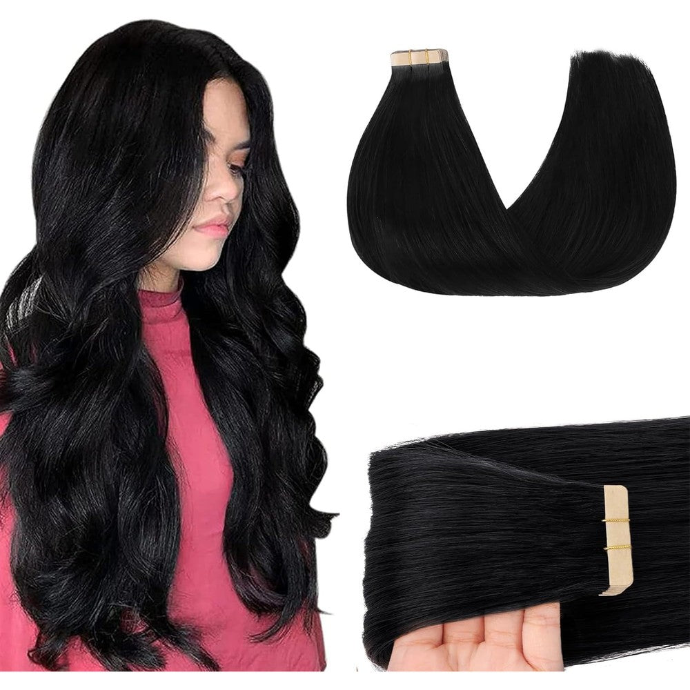 GOO GOO Tape In Hair Extensions Jet Black front view showcasing seamless skin weft design for natural volume