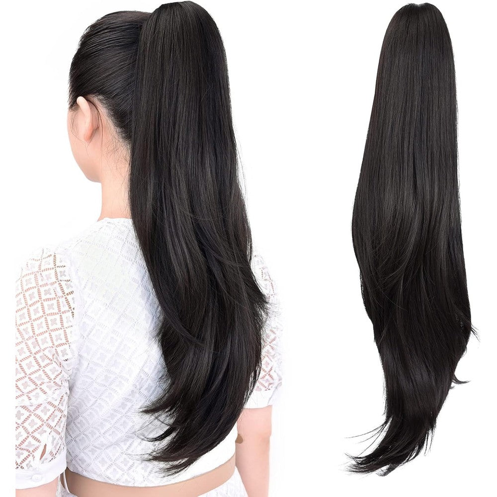 MoonEyes 24 Inch Claw Clip Ponytail Extension front view showcasing sleek straight natural black synthetic hair.