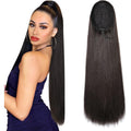 SEIKEA straight drawstring ponytail extension front view showing sleek black brown synthetic hair