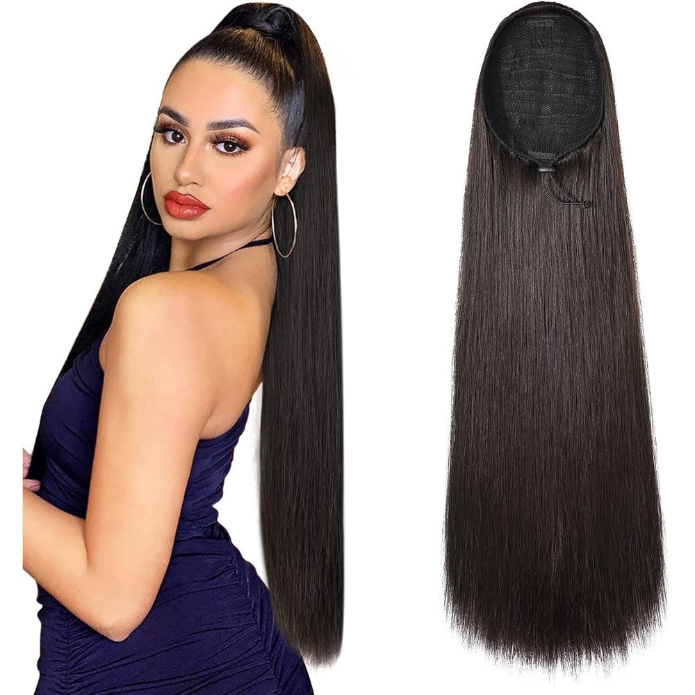 SEIKEA straight drawstring ponytail extension front view showing sleek black brown synthetic hair