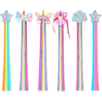 Little World Rainbow Hair Extensions Pack of 6 front view showing unicorn and glitter bow designs.