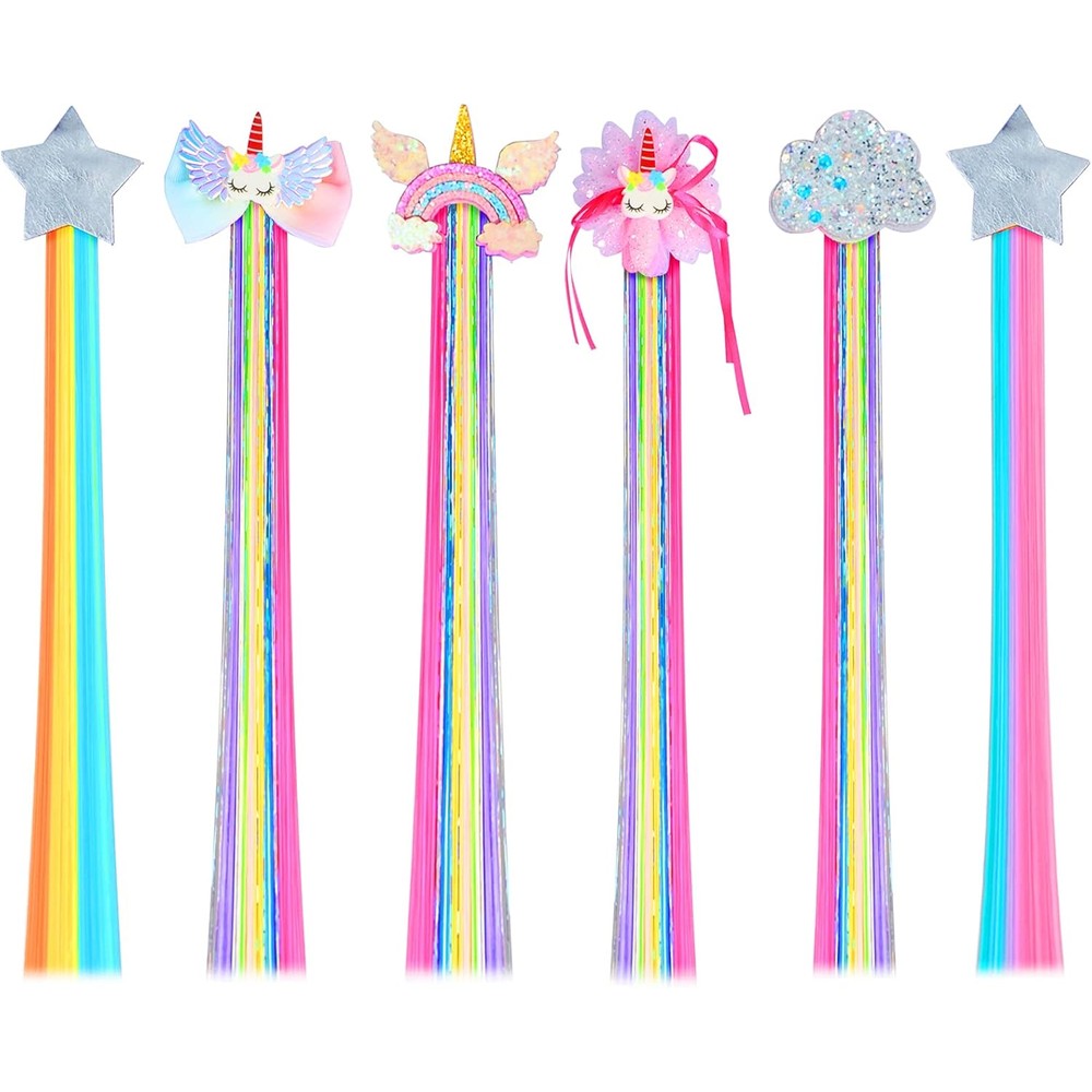 Little World Rainbow Hair Extensions Pack of 6 front view showing unicorn and glitter bow designs.