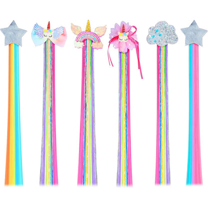 Little World Rainbow Hair Extensions Pack of 6 front view showing unicorn and glitter bow designs.
