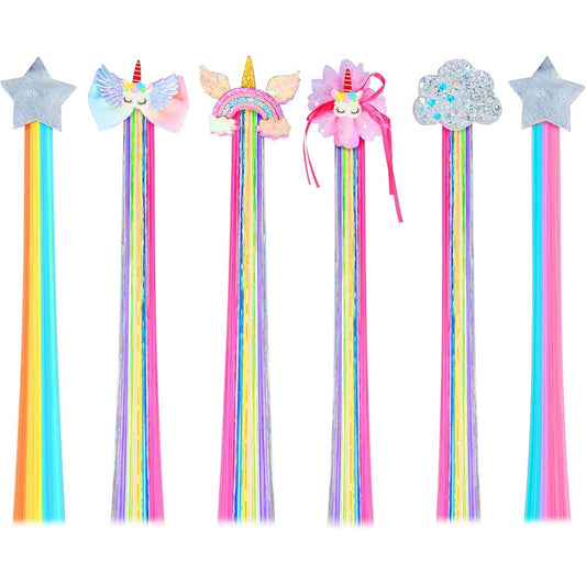 Little World Rainbow Hair Extensions Pack of 6 front view showing unicorn and glitter bow designs.