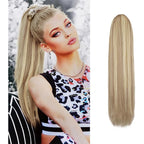 BARSDAR short straight drawstring ponytail extension front view showing light ash blonde mixed synthetic hairpiece