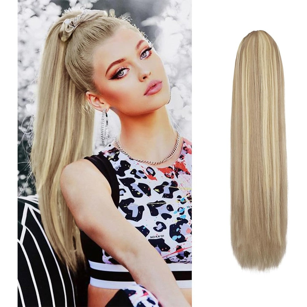 BARSDAR short straight drawstring ponytail extension front view showing light ash blonde mixed synthetic hairpiece
