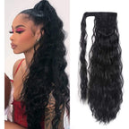 YEAME Corn Wave Ponytail Extension in Natural Black front view showing long curly texture.