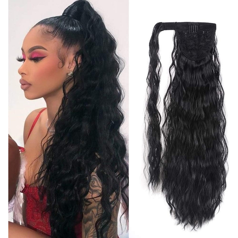 YEAME Corn Wave Ponytail Extension in Natural Black front view showing long curly texture.