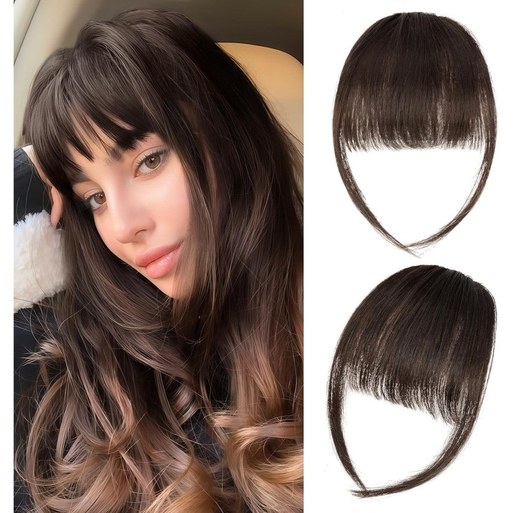 Yorda human hair clip in bangs dark brown front view on model