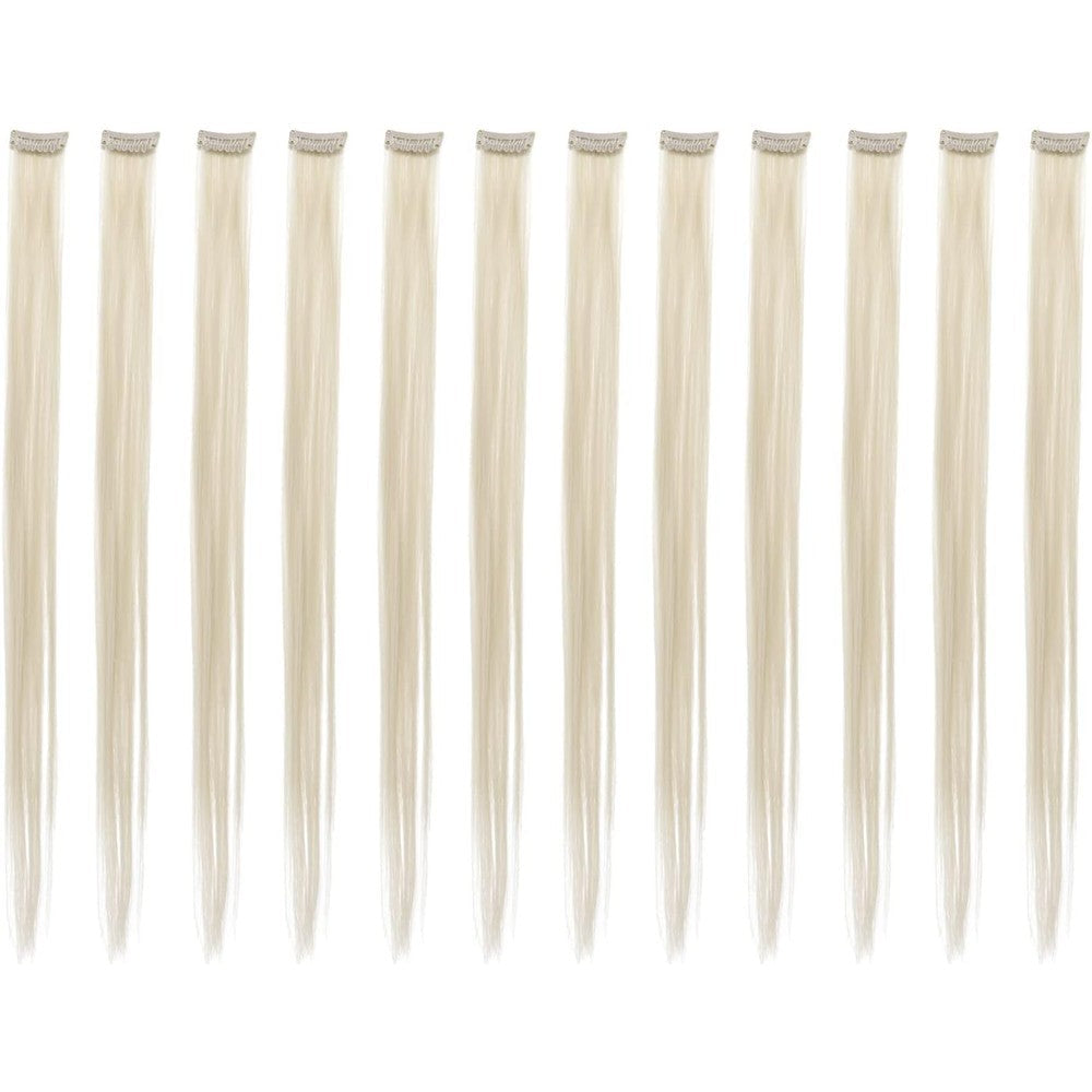 SWACC 12 Pieces Straight Platinum Blonde Hair Extensions front packaging view showcasing sleek synthetic color streaks.