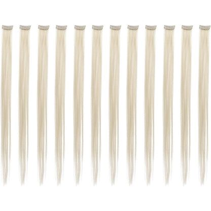 SWACC 12 Pieces Straight Platinum Blonde Hair Extensions front packaging view showcasing sleek synthetic color streaks.