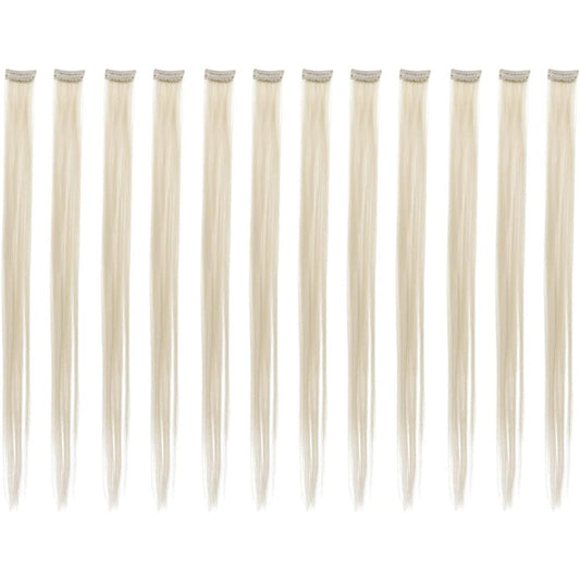 SWACC 12 Pieces Straight Platinum Blonde Hair Extensions front packaging view showcasing sleek synthetic color streaks.