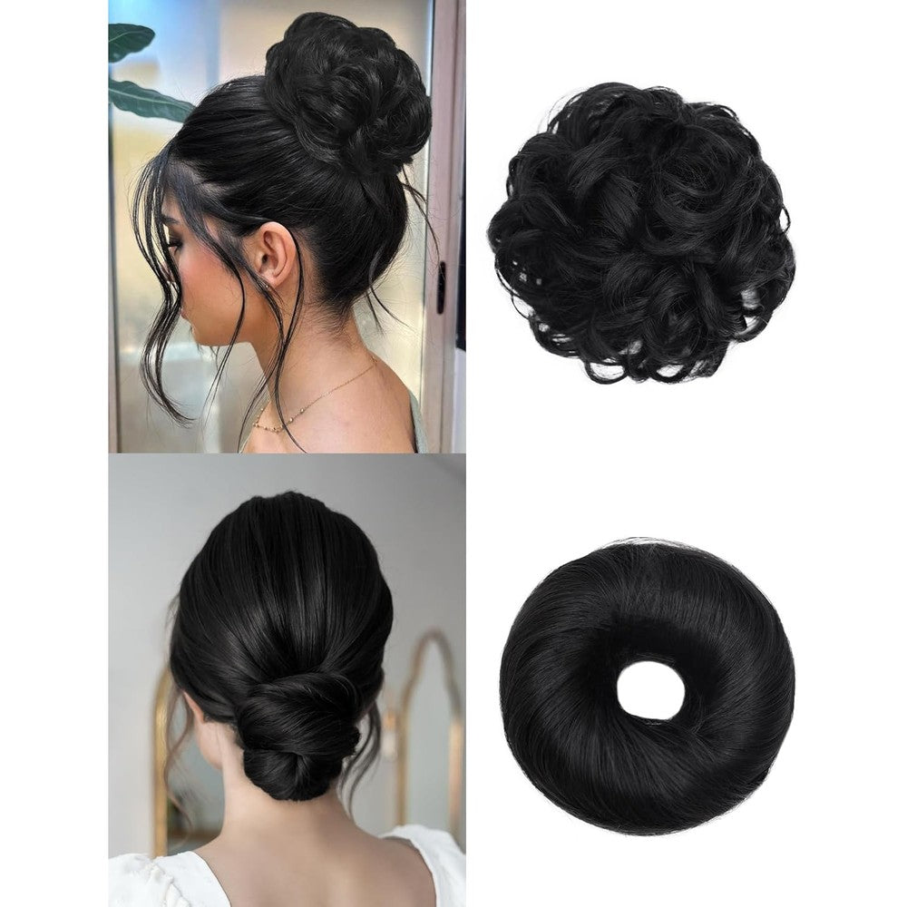 HSLHDI messy bun hair piece set front view showing natural black color