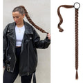 SEIKEA Upgraded Long Braid Ponytail Extension front view showing the sleek medium brown and auburn blend