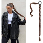 SEIKEA Upgraded Long Braid Ponytail Extension front view showing the sleek medium brown and auburn blend