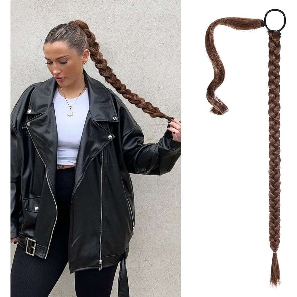 SEIKEA Upgraded Long Braid Ponytail Extension front view showing the sleek medium brown and auburn blend