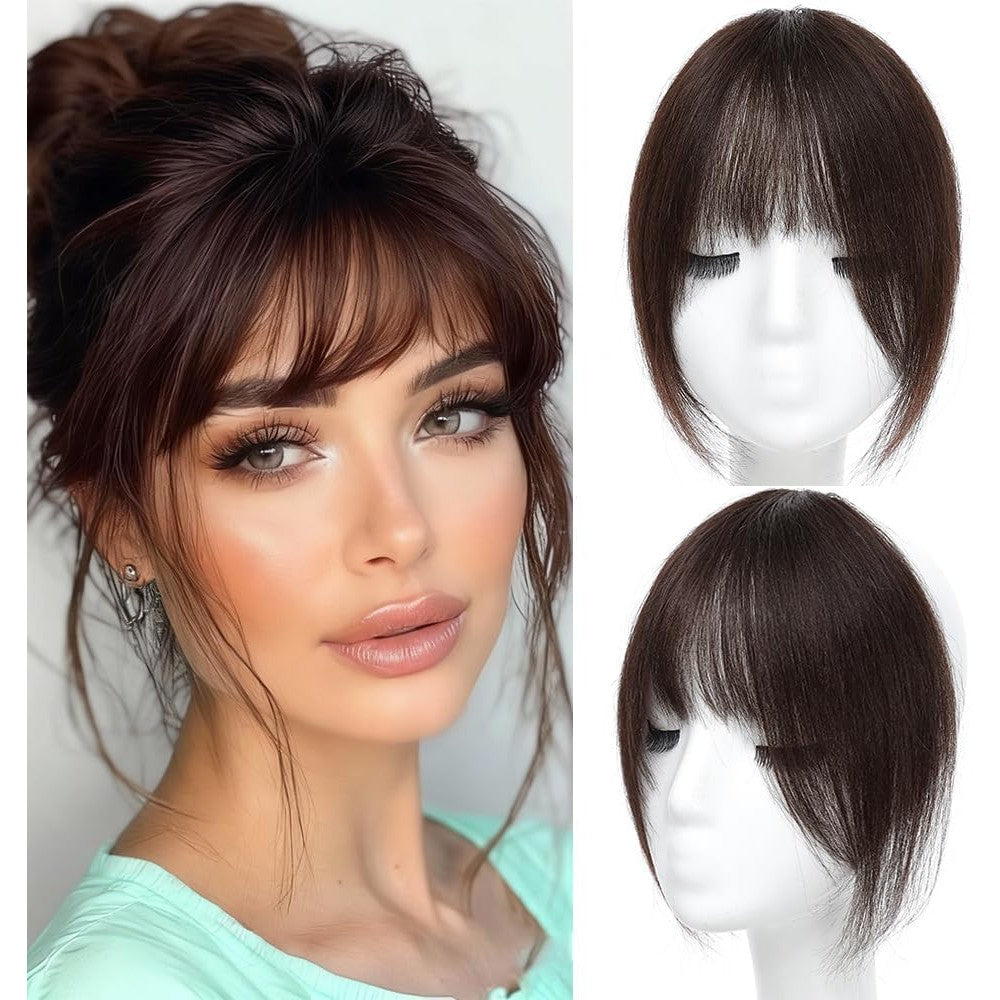 Haitoo clip in bangs front view showcasing dark brown human hair fringe