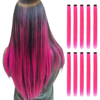 MAJIK pink hair extensions clip in front view showing ten pieces of twenty two inch long straight colored synthetic hair streaks.