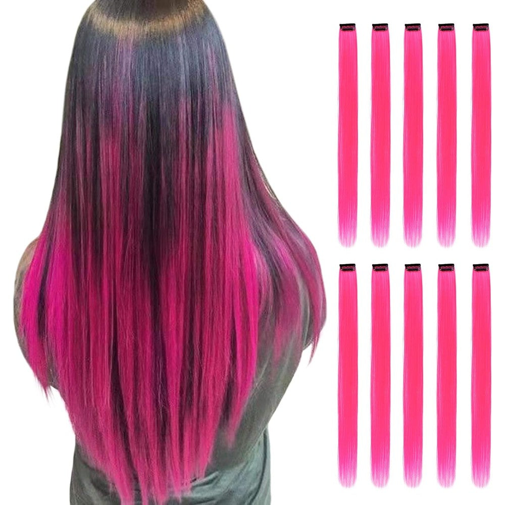 MAJIK pink hair extensions clip in front view showing ten pieces of twenty two inch long straight colored synthetic hair streaks.