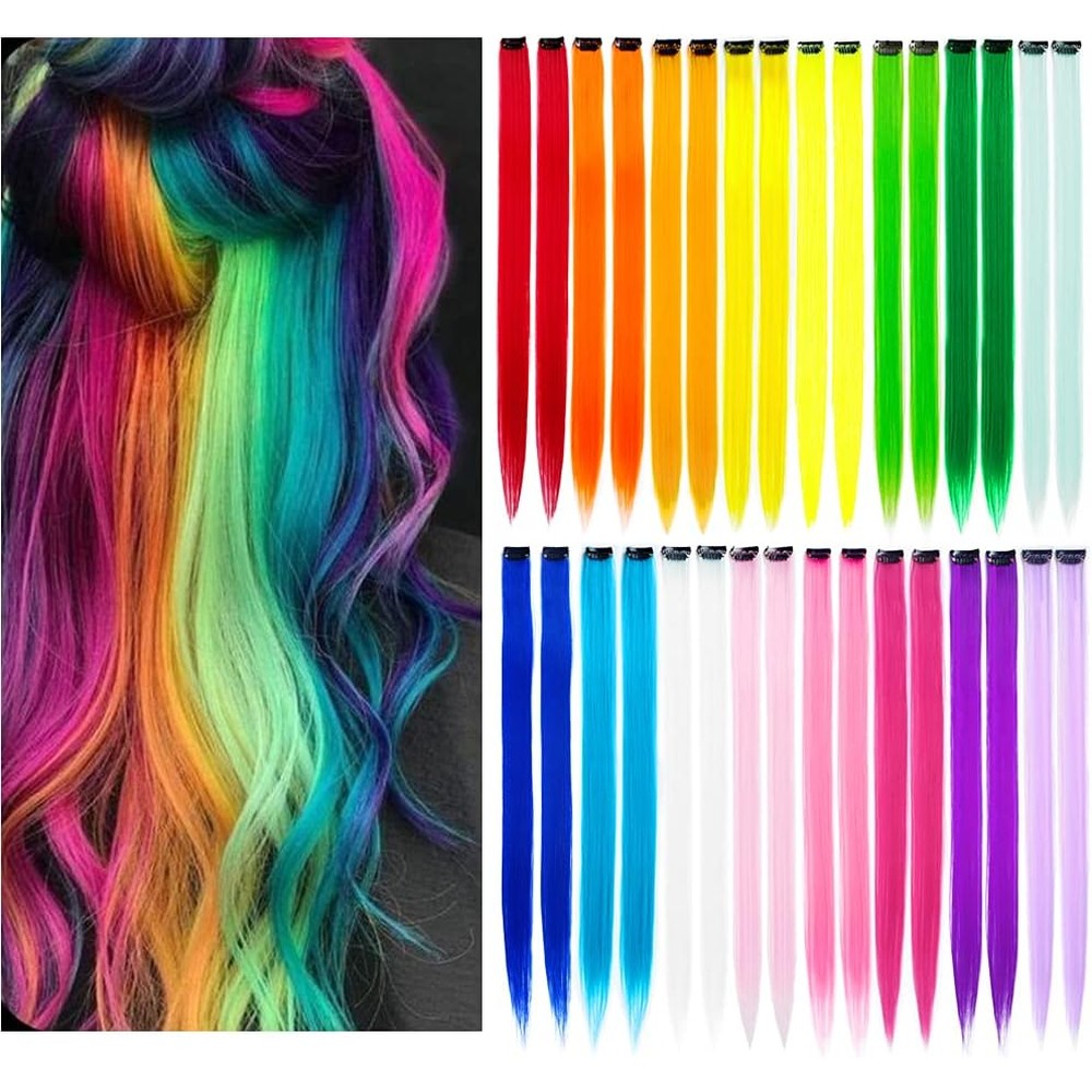 KGBFASS colored hair extensions front view displaying 16 vibrant rainbow shades
