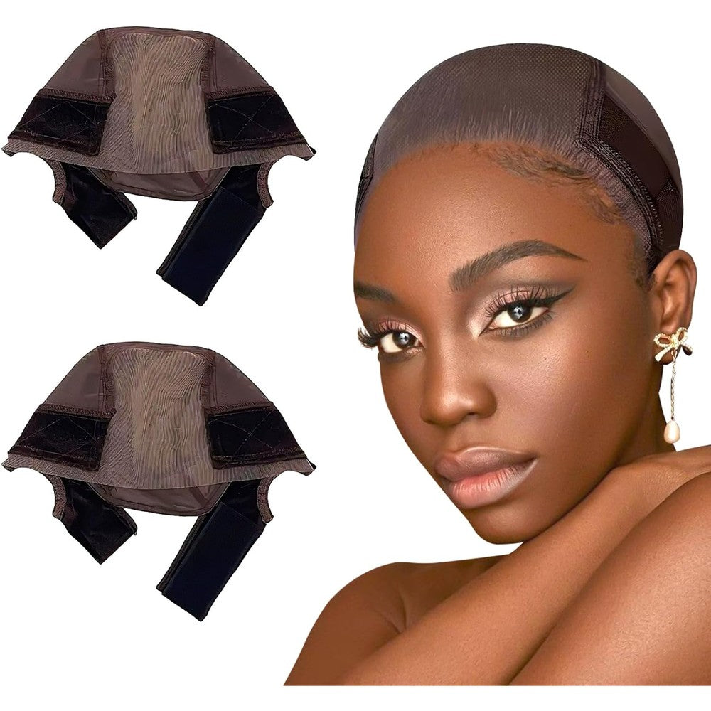 Calandis adjustable lace wig grip cap front view showcasing the brown mesh fabric and transparent lace section.