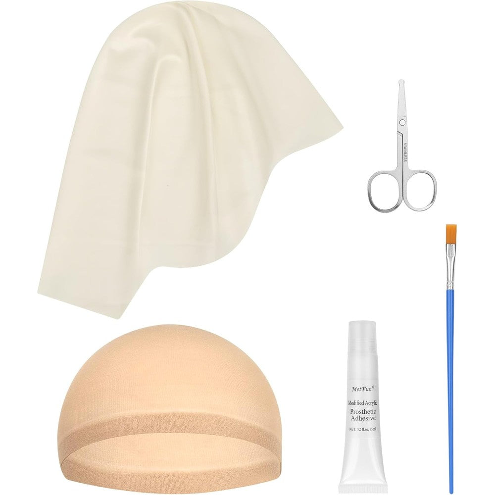 MetFun Professional Bald Cap Kit front view showing five pieces including latex cap and adhesive