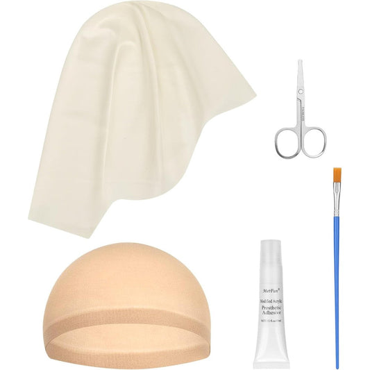 MetFun Professional Bald Cap Kit front view showing five pieces including latex cap and adhesive
