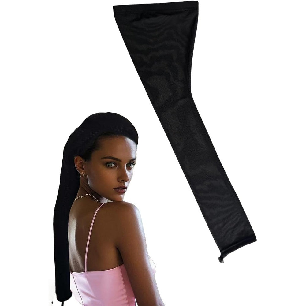 Neacus upgraded hair weave sleeve for locs front view showing premium black elastic mesh fabric