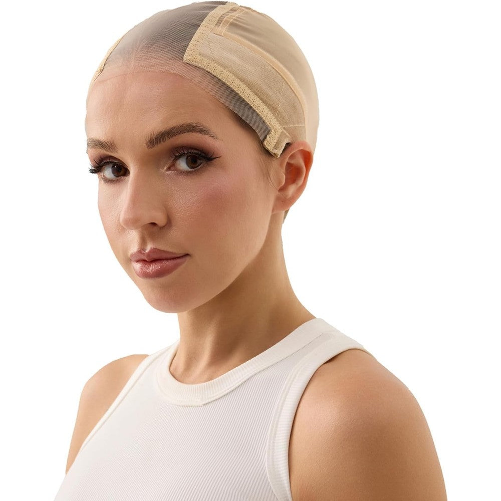 Xiushumyi lace wig cap front view showcasing the transparent lace edge and nude color tone.