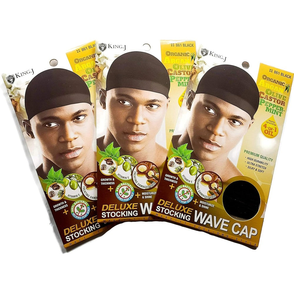 King.J Healthy Treated Wave Deluxe Stocking Wave Cap front view package of three