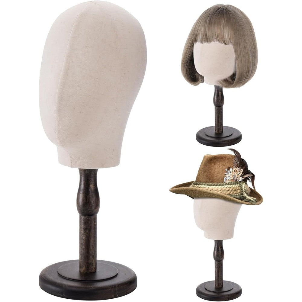 Peohud 21 inch canvas mannequin head with wood stand front view