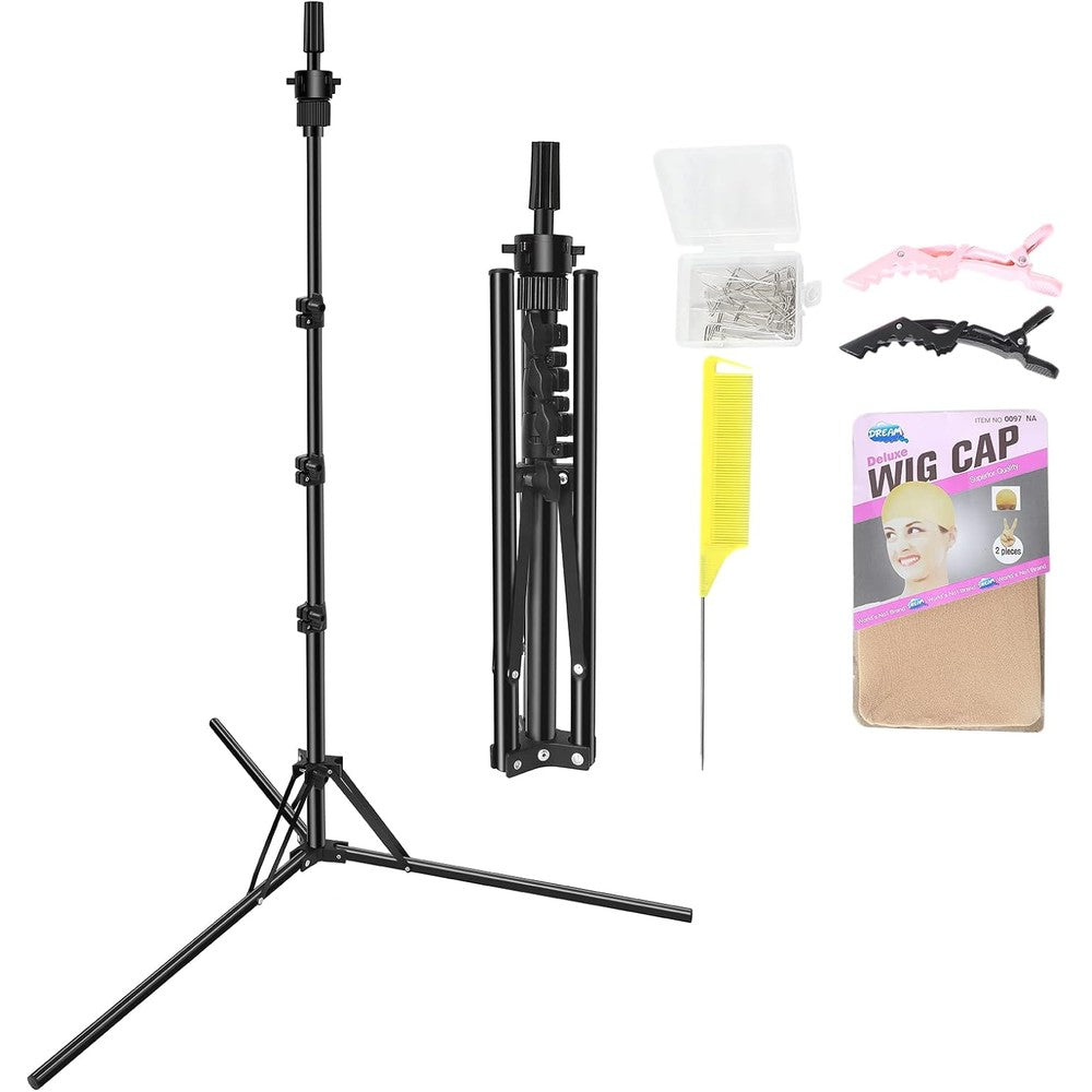 LNASI upgrade foldable wig stand tripod front view for professional cosmetology training