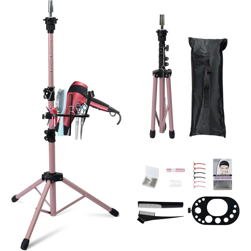 Klvied upgraded wig stand tripod front view in rose gold finish