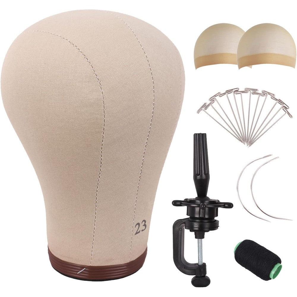 MapofBeauty 23 Inch Wig Head Cork Canvas Block Head front view for professional wig styling