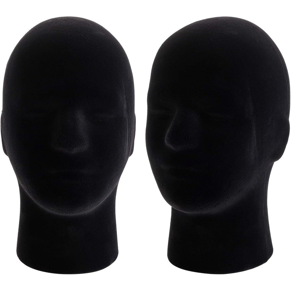 Hedume male foam mannequin head stand front view showcasing black velvet finish for wig display