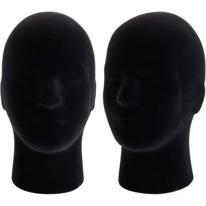 Hedume male foam mannequin head stand front view showcasing black velvet finish for wig display