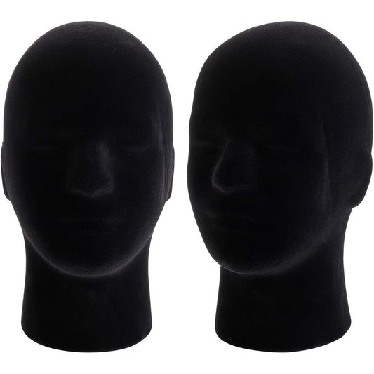 Hedume male foam mannequin head stand front view showcasing black velvet finish for wig display