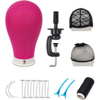 Bileaf canvas block mannequin wig head front view in rosy pink color with table stand