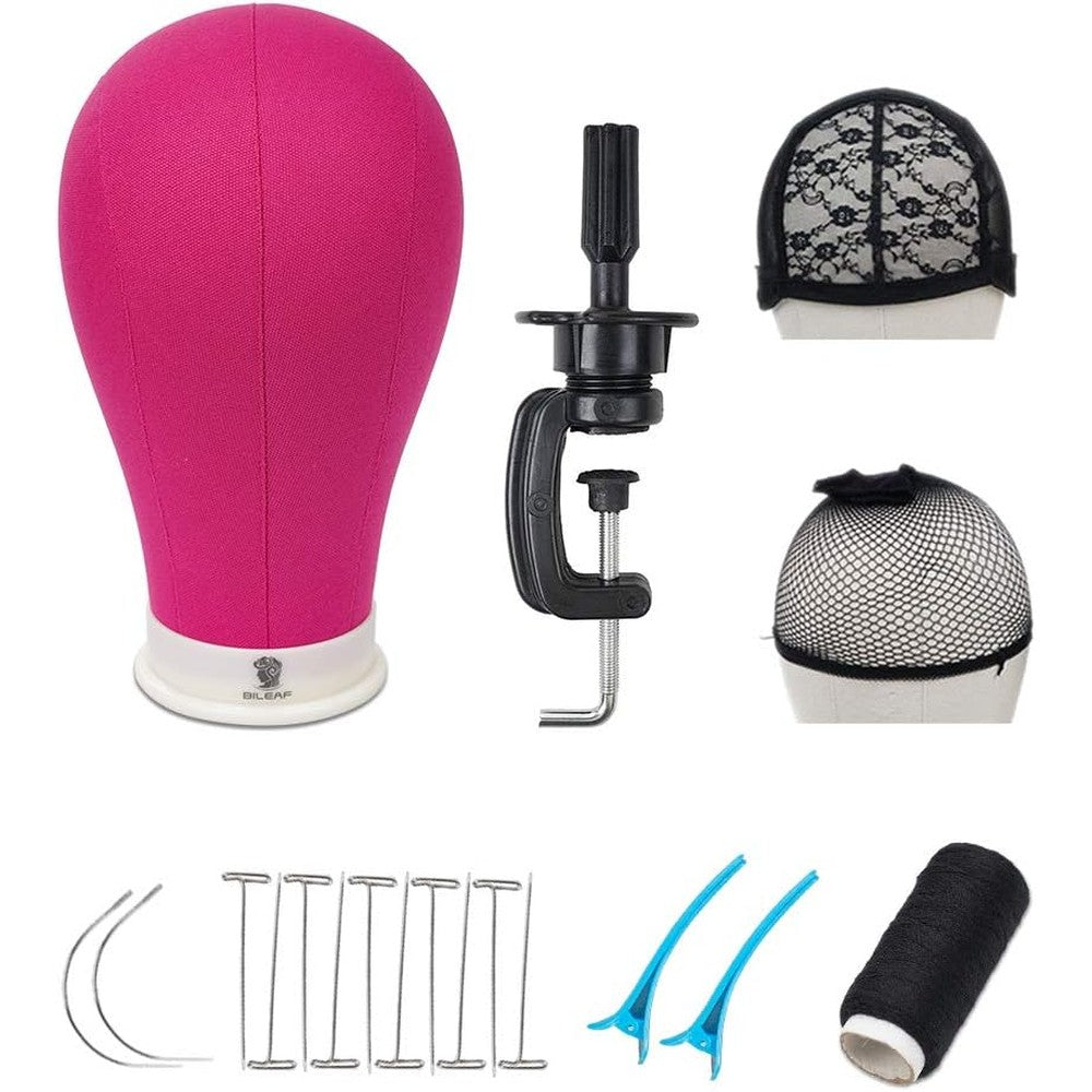 Bileaf canvas block mannequin wig head front view in rosy pink color with table stand