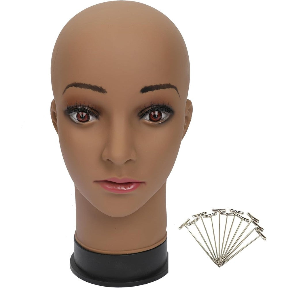 BHD BEAUTY bald mannequin head front view showing brown female cosmetology doll face.