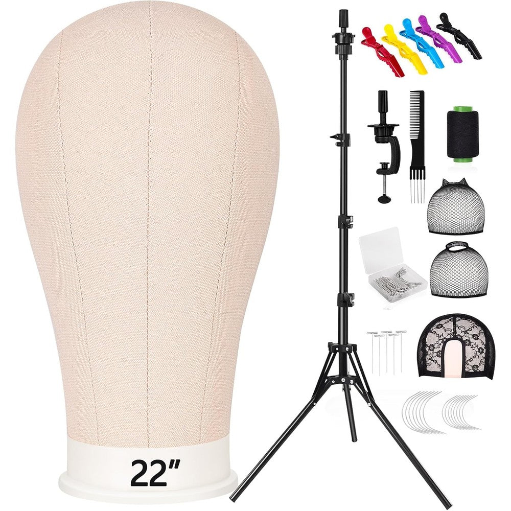 Pet Baby wig stand tripod front view with canvas mannequin head for styling