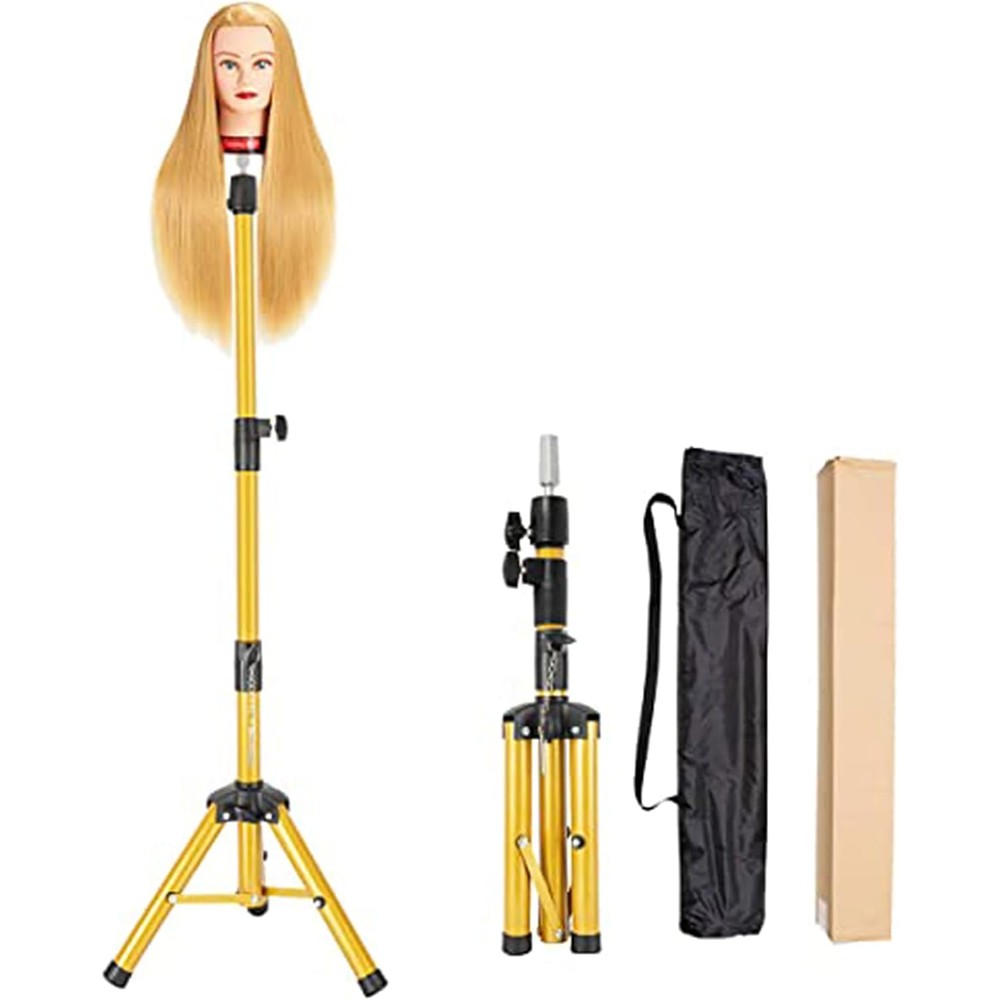 AliLeader heavy duty wig stand tripod front view of golden adjustable mannequin holder