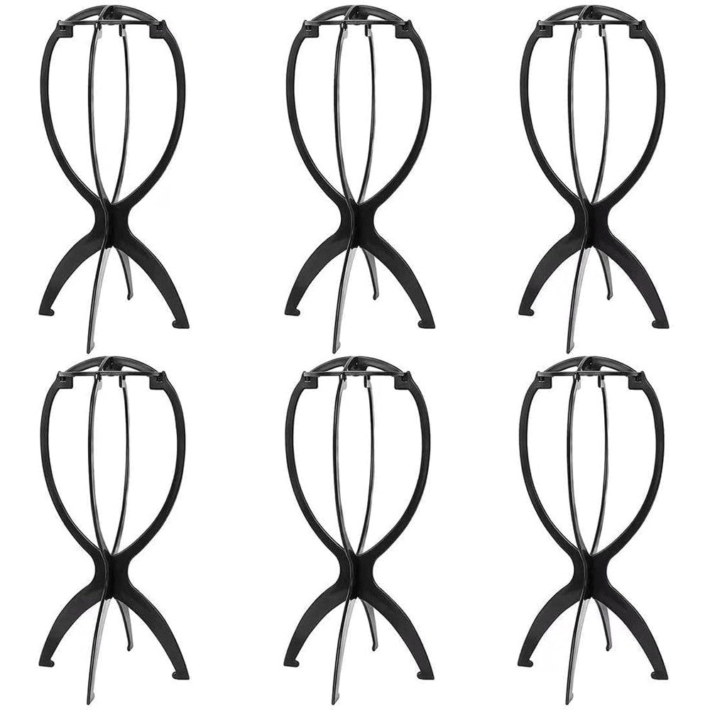 Dansee 6 Pack Short Wig Stand front view showing the assembled black plastic structure for hairpiece storage.