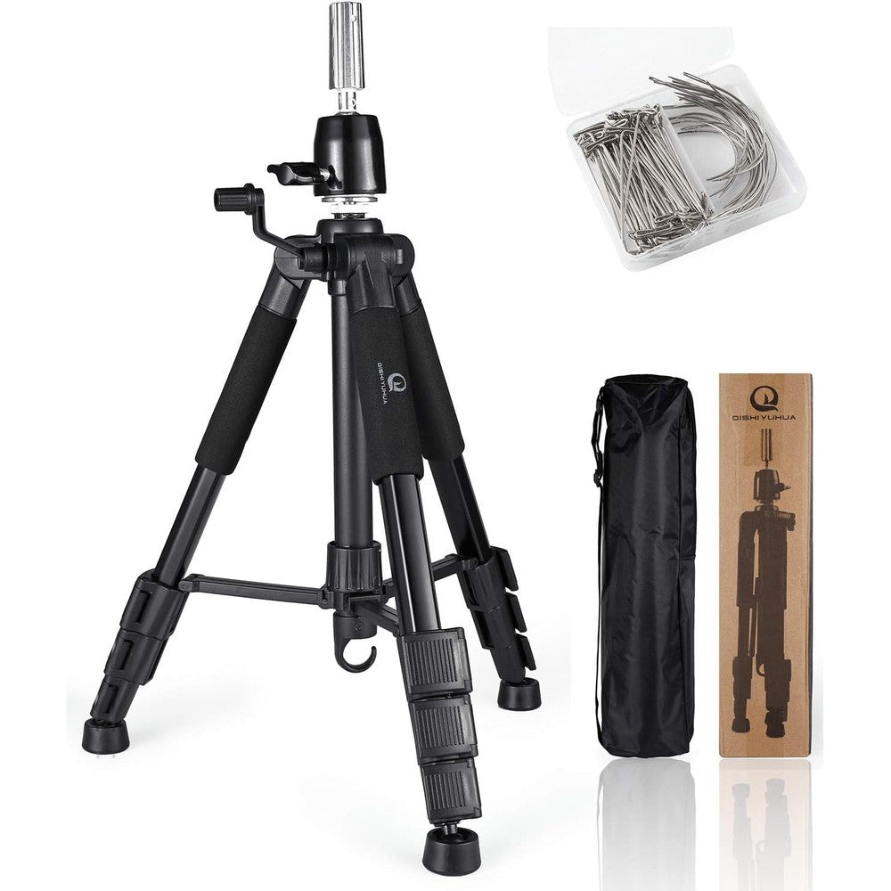 QISHI YUHUA wig stand tripod front view showing adjustable aluminum legs and non slip base