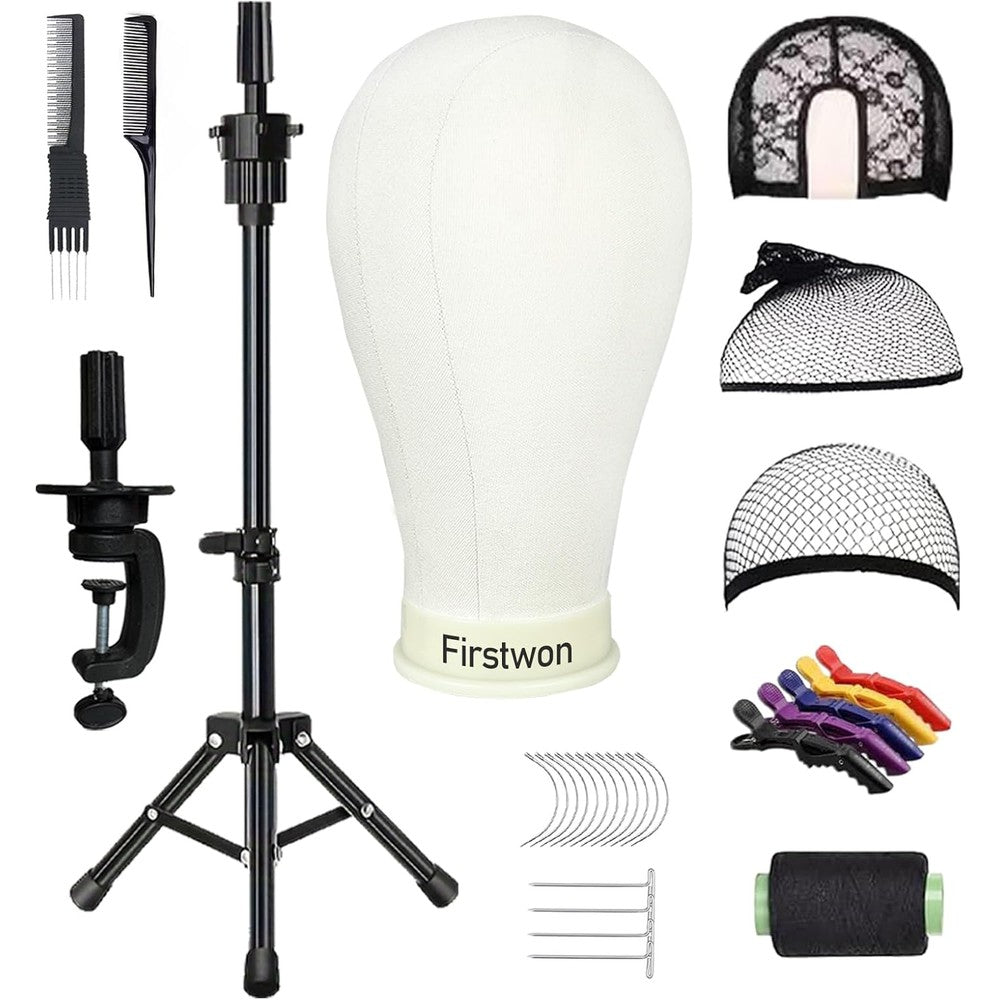 Firstwon 22 inch canvas mannequin head with tripod stand front view