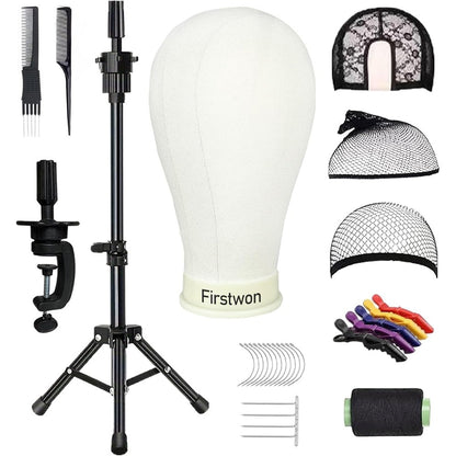 Firstwon 22 inch canvas mannequin head with tripod stand front view