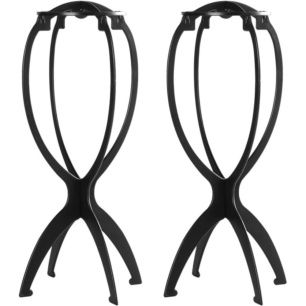 Dreamlover Portable Collapsible Wig Head Stands front view of two black assembled plastic holders